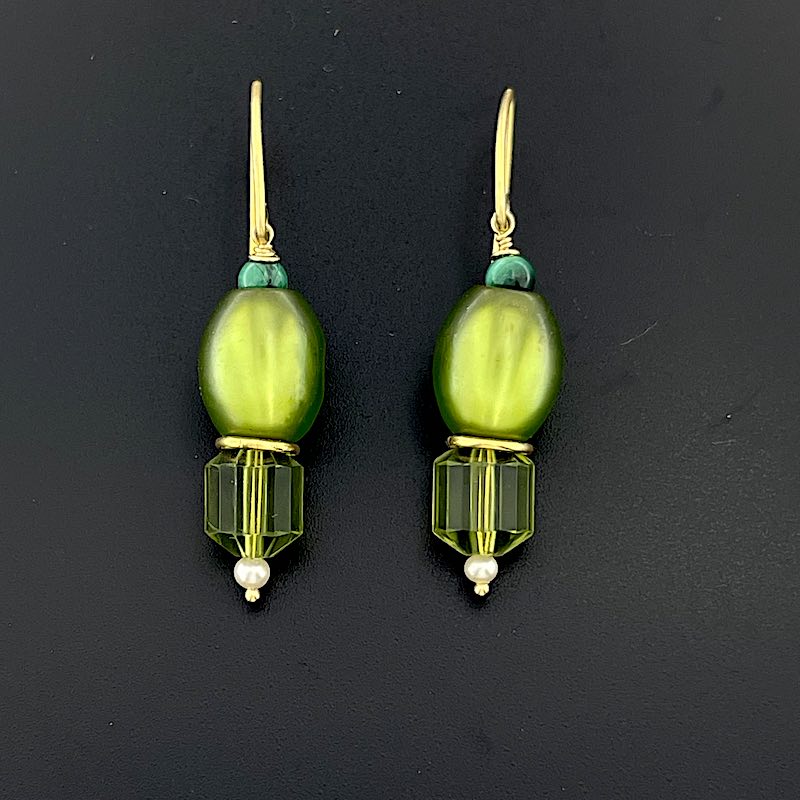 3 Grün - Mojo Golden Earring: Ohrhaken, Azurit, Böhmisches Glas, Perle