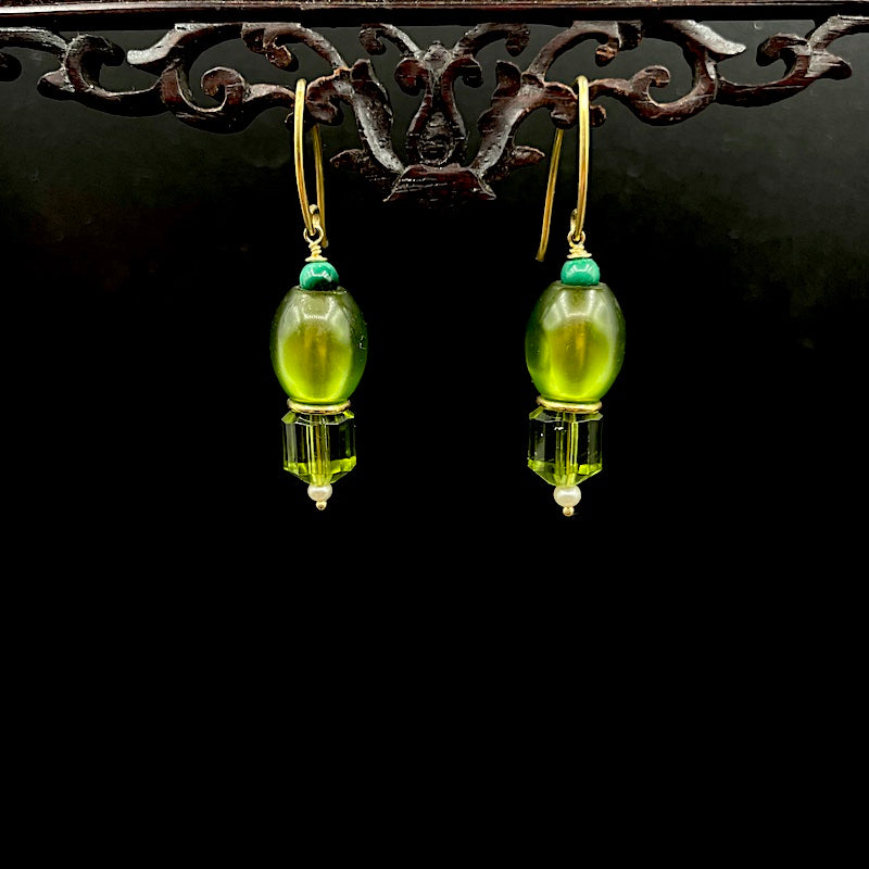 3 Grün 1 - Mojo Golden Earring: Ohrhaken, Azurit, Böhmisches Glas, Perle