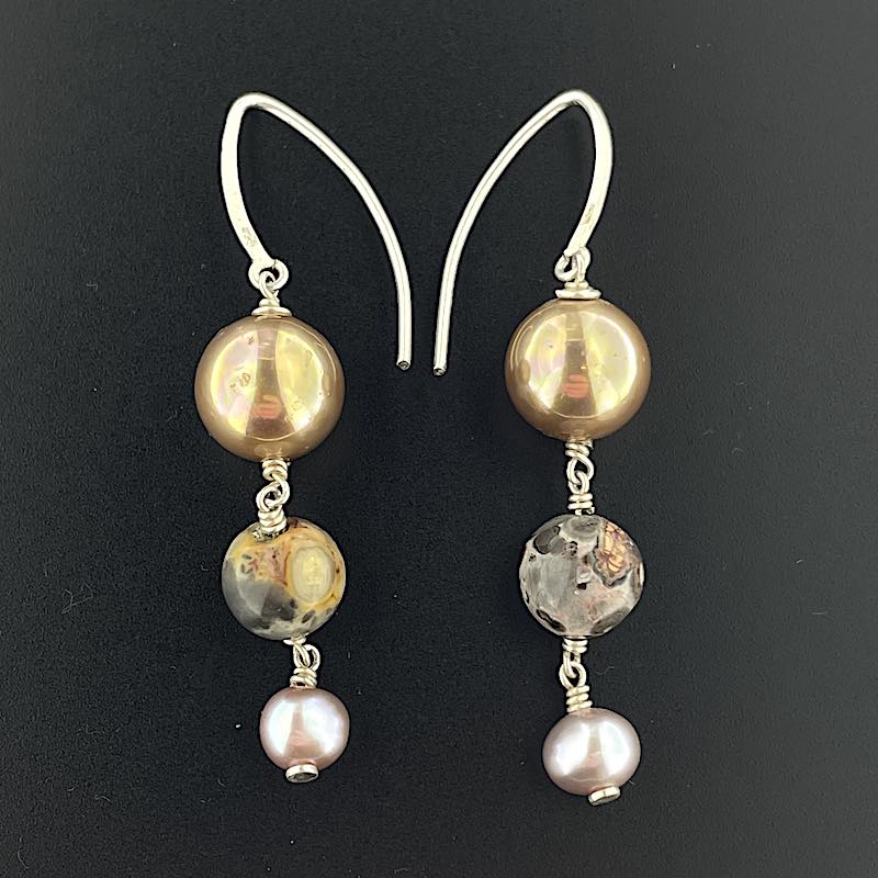 3er Perle - Mojo Silber Ohrringe: Ohrhaken, Wicklungen, 3 Perlen