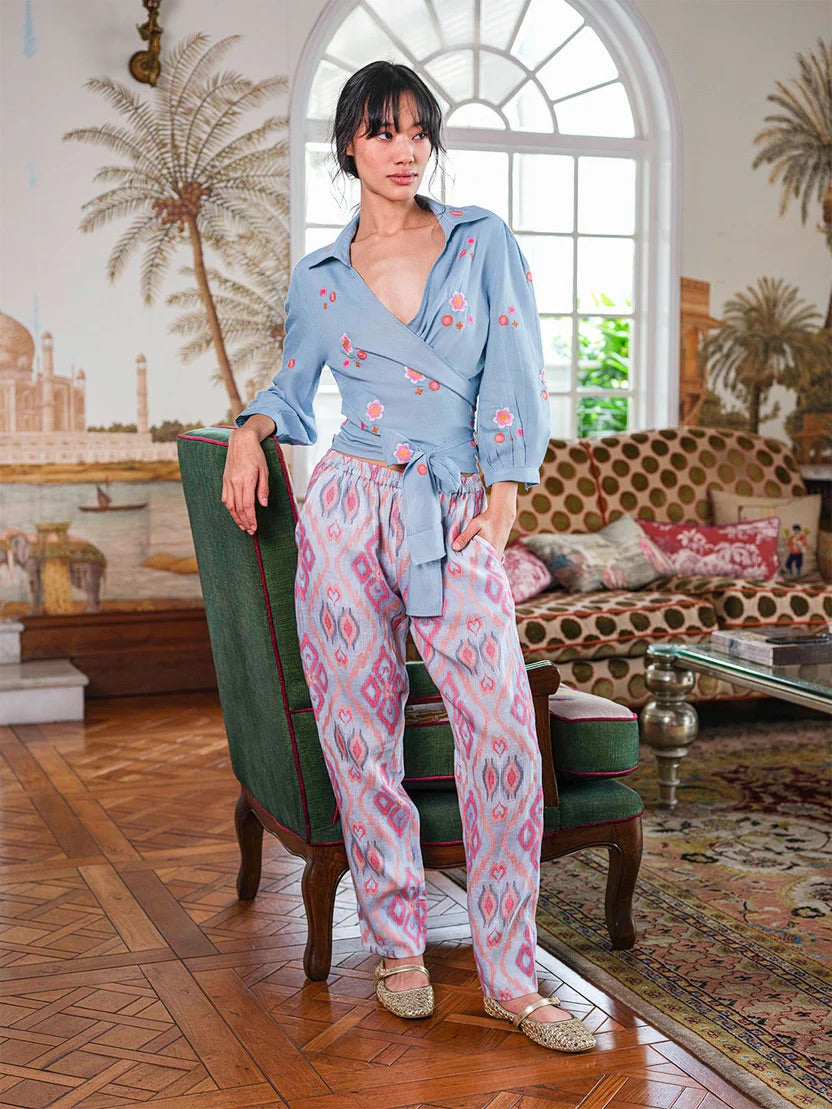 Boho Sommerhose Amber Ikat Sorbet aus 100 % Leinen von Nimo with Love