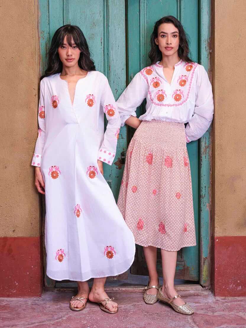 Amethyst Kaftan Vogel 4 - Nimo with Love in Weiß, Vogel Stickerei, luftig, V-Ausschnitt