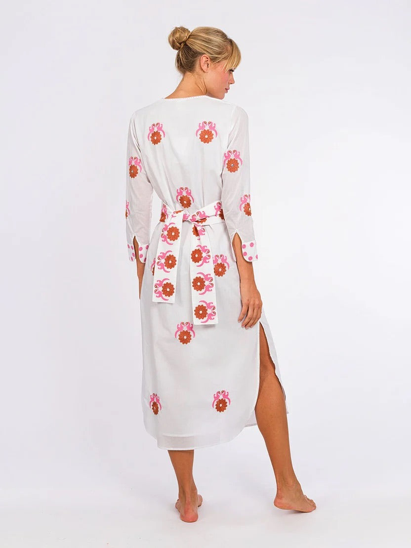 Amethyst Kaftan Vogel b - Nimo with Love in Weiß, Vogel Stickerei, luftig, geschlitzt