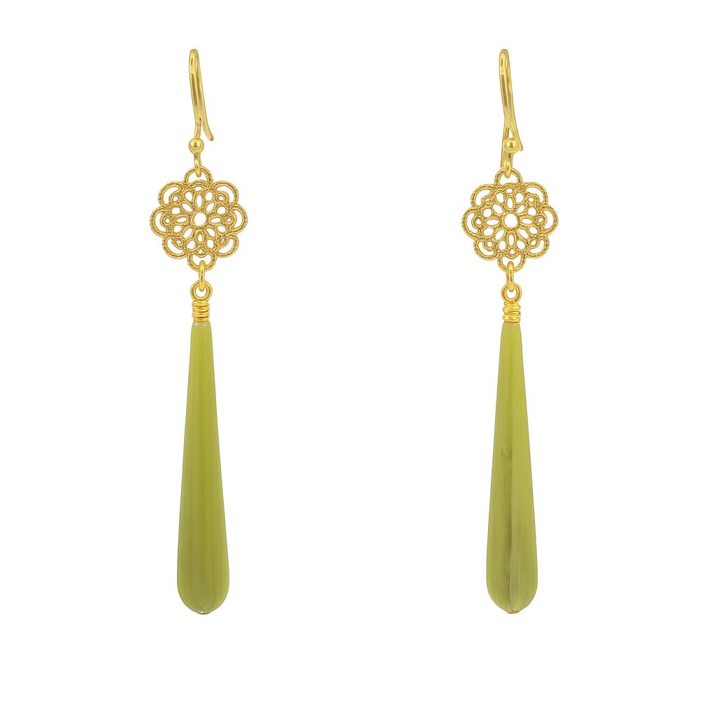 Blumenzapfen - Mojo Goldene Ohrringe: Ohrhaken, Vintage Blume, Acryl grün