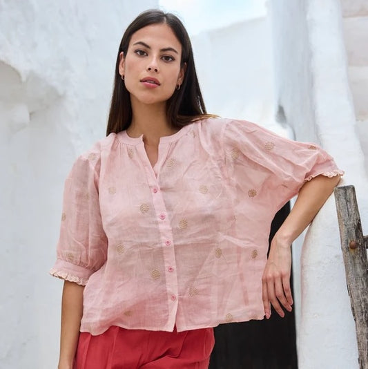 Bluse Jane 3 - Luna Llena: Ramie Bluse, rosa, Kurzarm, Stickerei