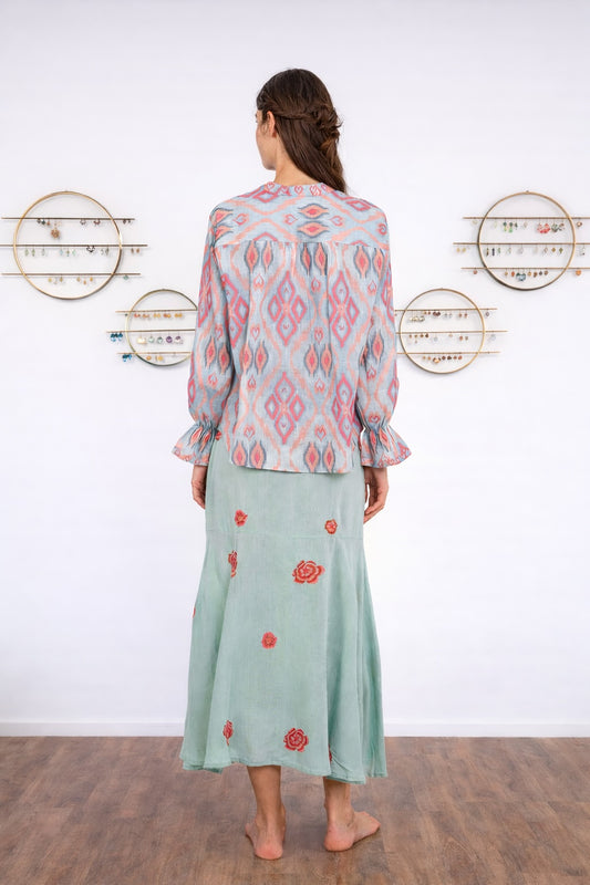 Boho Leinen Tunika Bluse „Nimo with Love“ mit iKat Sorbet Muster, Stehkragen und langen Rüschenärmeln