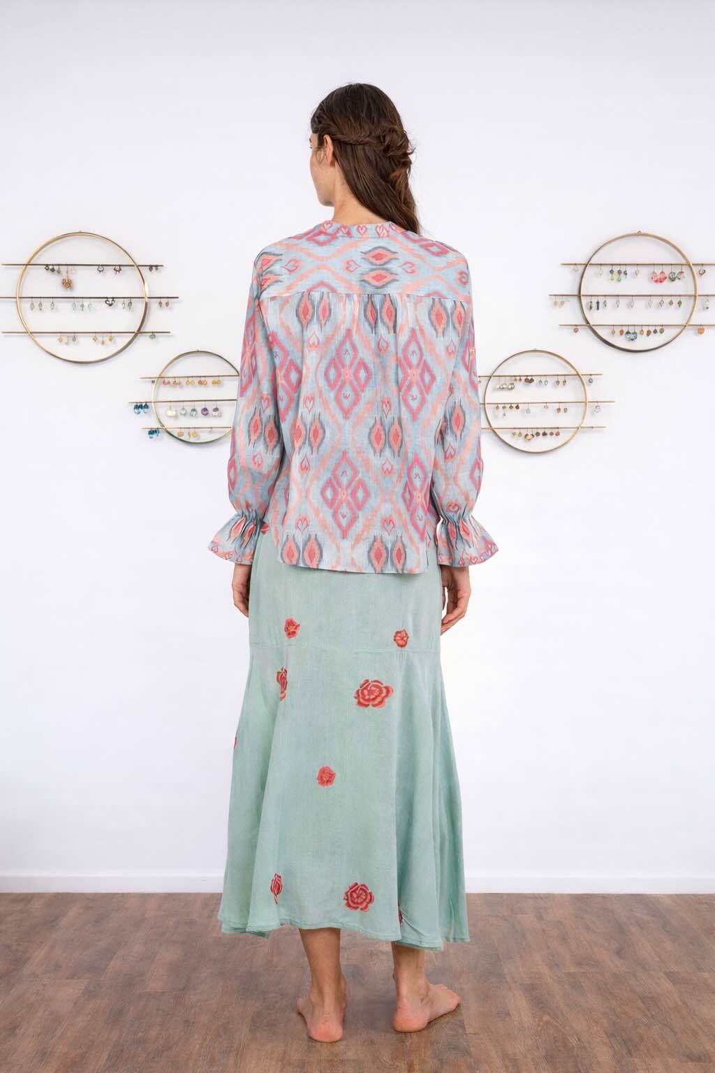 Broom Bluse Sorbet bm - Nimo with Love, Leinenbluse iKat Muster, Rüschenärmel