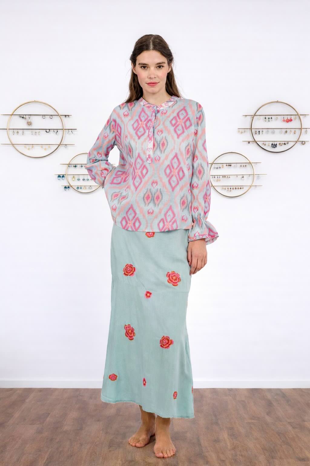 Broom Bluse Sorbet fm - Nimo with Love, Leinenbluse iKat Muster, Knopfleiste