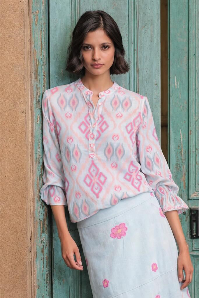 Broom Bluse Sorbet l - Nimo with Love, Leinenbluse iKat Muster, Stehkragen