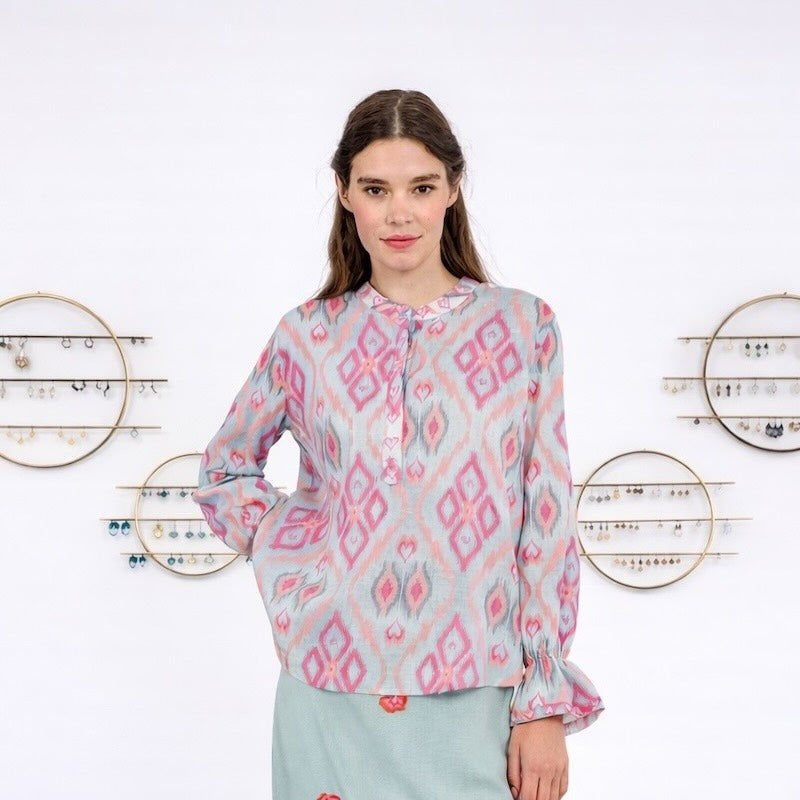 Broom Bluse Sorbet m - Nimo with Love, Leinenbluse iKat Muster, Knopfleiste, Rundkragen