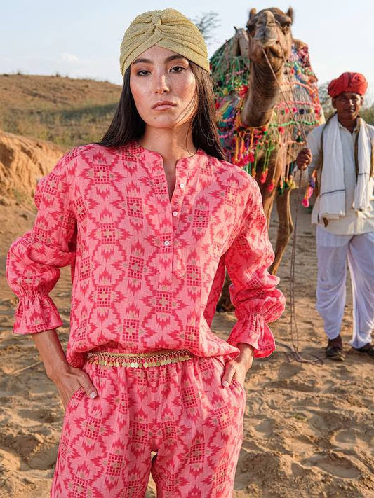 Broom Bluse coral - Nimo with Love: Leinen, Tunika Schnitt, iKat Muster