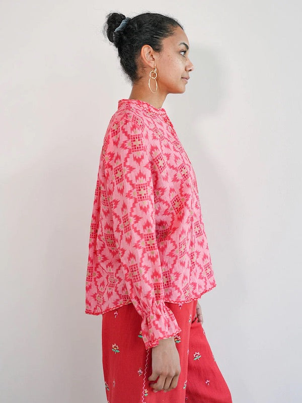 Broom Bluse coral 3 - Nimo with Love: Leinen, Tunika Schnitt, iKat Muster