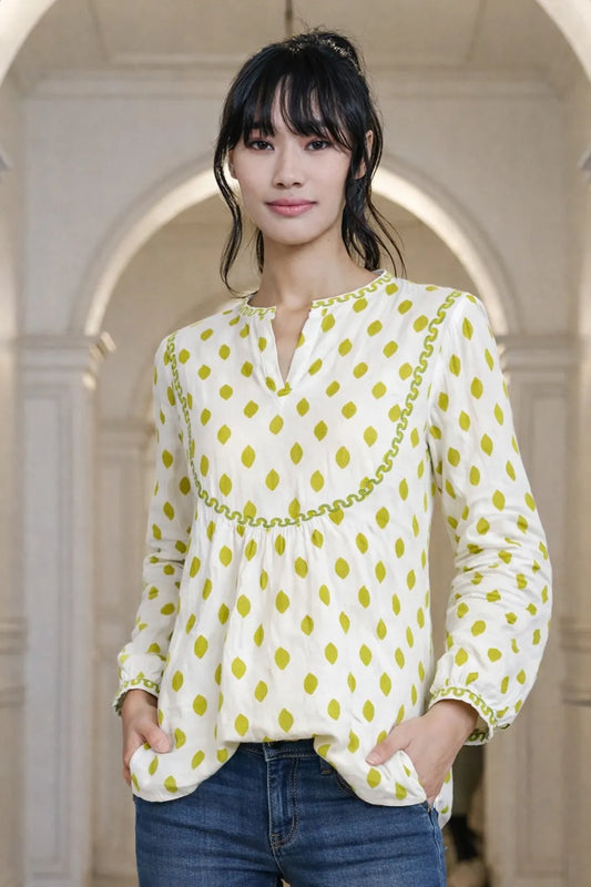 Nimo with Love Baumwollbluse Grüne Punkte, Elefantenstickerei kombiniert mit casual Boho Outfit