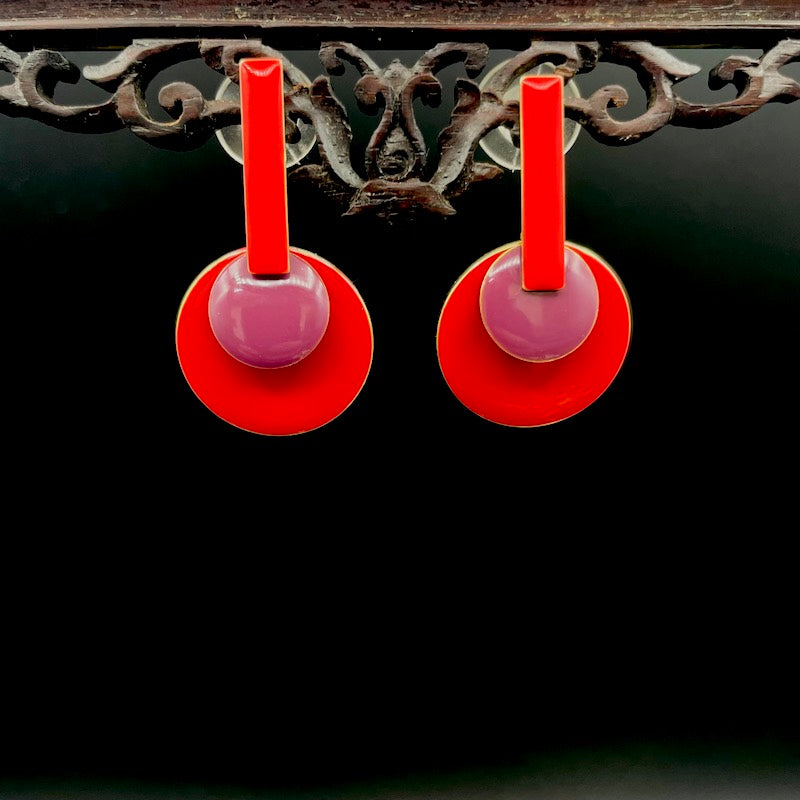 Dreirot - Emaille Ohrringe: Rote Stege, Rote Kreise, Himbeer Kreise