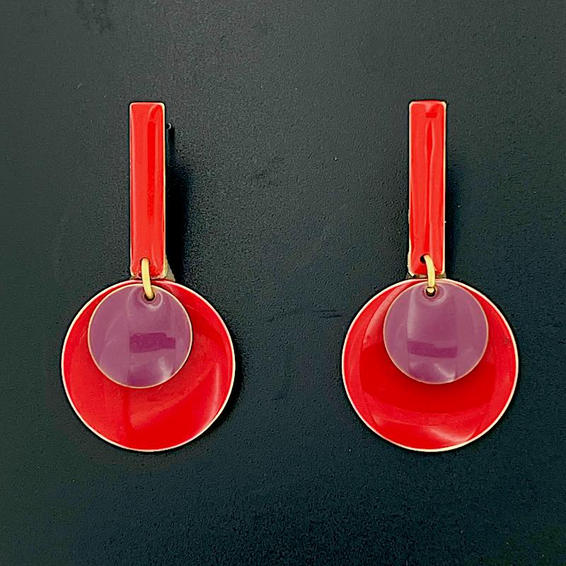 Dreirot r - Emaille Ohrringe: Rote Stege, Rote Kreise, Himbeer Kreise
