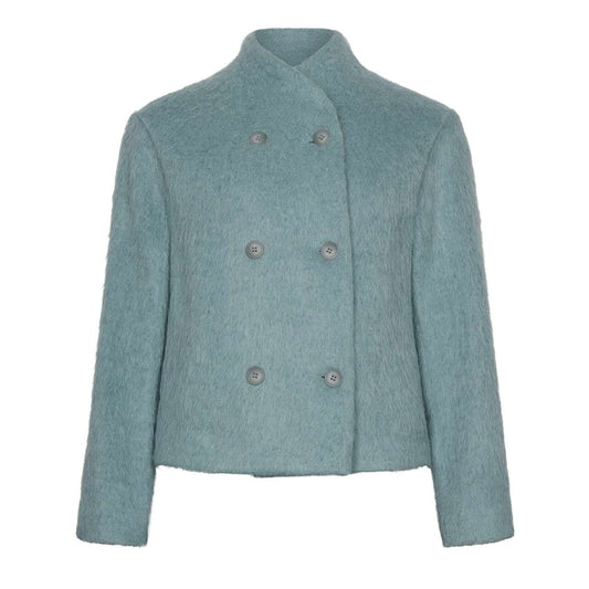 JunJacke-JapanTKY: Eisblaue Wolljacke, Zweireiher, Tulpenkragen