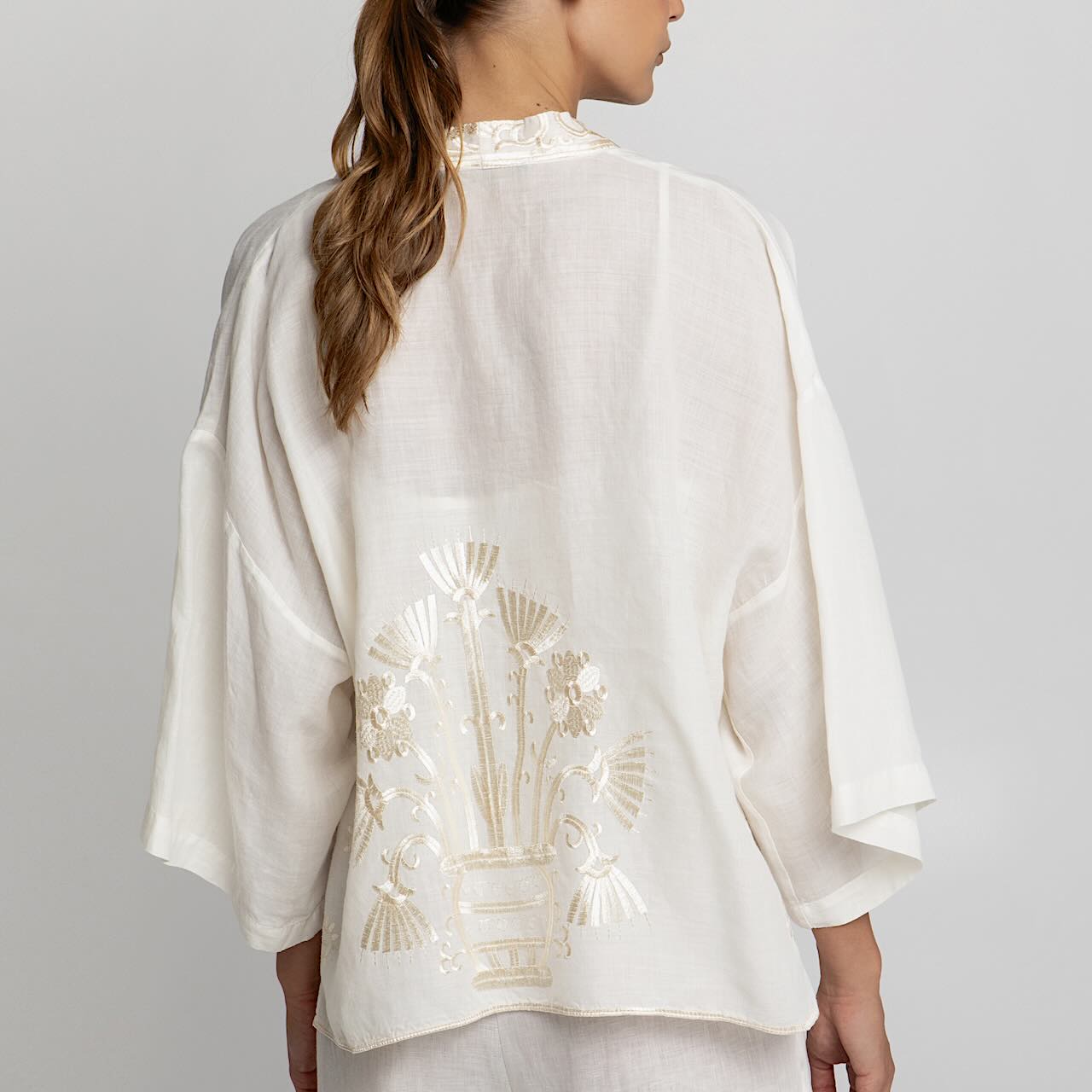 Kimono Jacke natur 3 - Kori: Kurzjacke, Ramie, Stickereien, Tulpenärmel