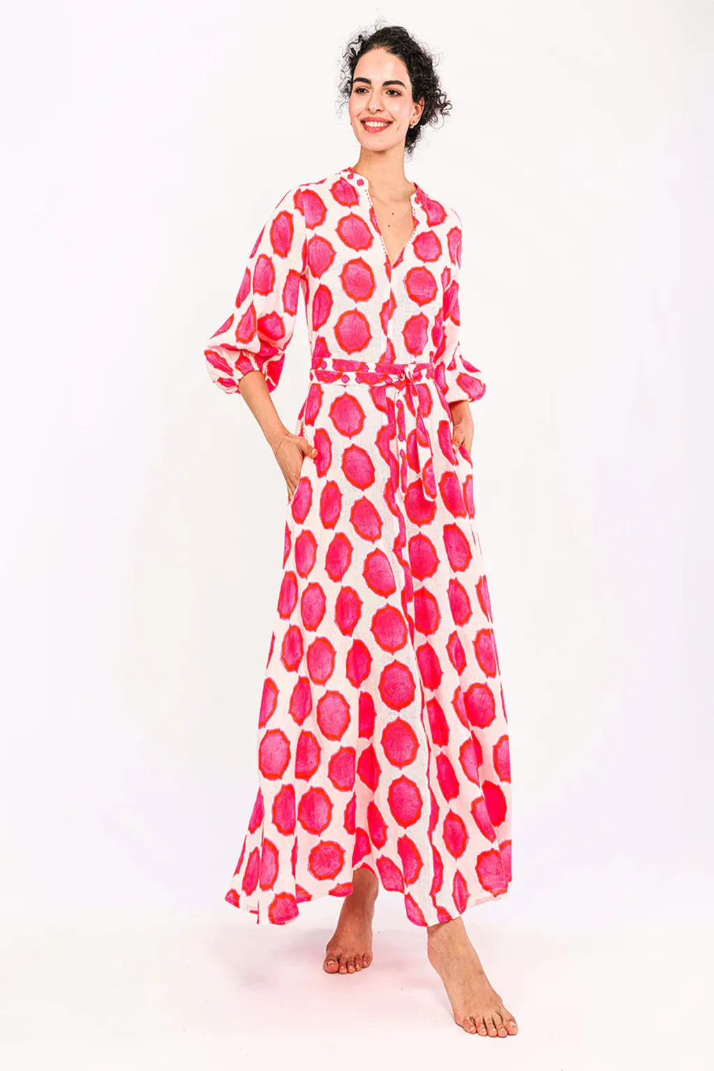 Marigold Kleid ikat pink Model - Nimo with Love, Sommerkleid knöchellang, Gürtel, weit