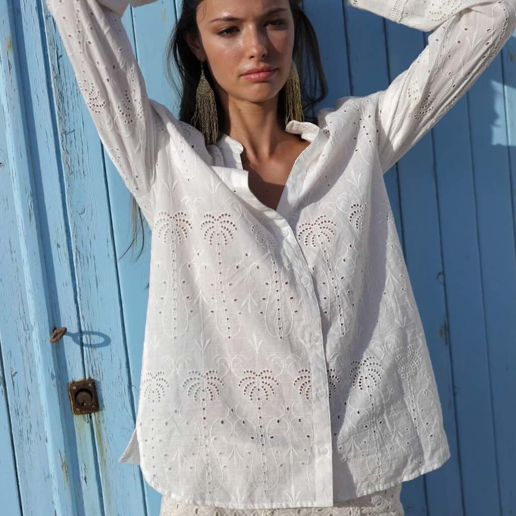 Palm Beach Bluse 2 - Luna Llena: Baumwolle, Langarm, Stickerein