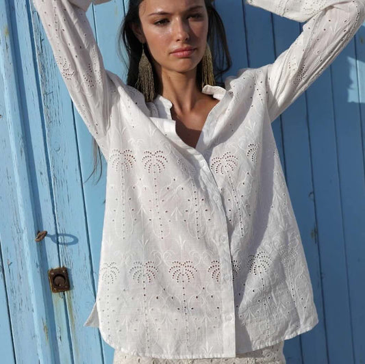 Palm Beach Bluse 2 - Luna Llena: Baumwolle, Langarm, Stickerein