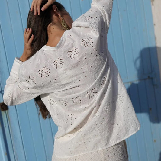 Palm Beach Bluse 3 - Luna Llena: Baumwolle, Langarm, Stickerein