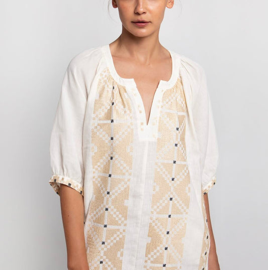 Pixel Kleid creme - Kori: Midikleid, Leinen, Stickereien, Gürtel