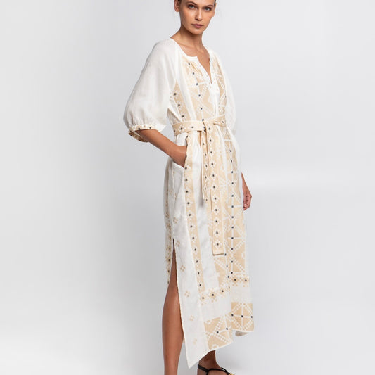Pixel Kleid creme 2 - Kori: Midikleid, Leinen, Stickereien, Gürtel