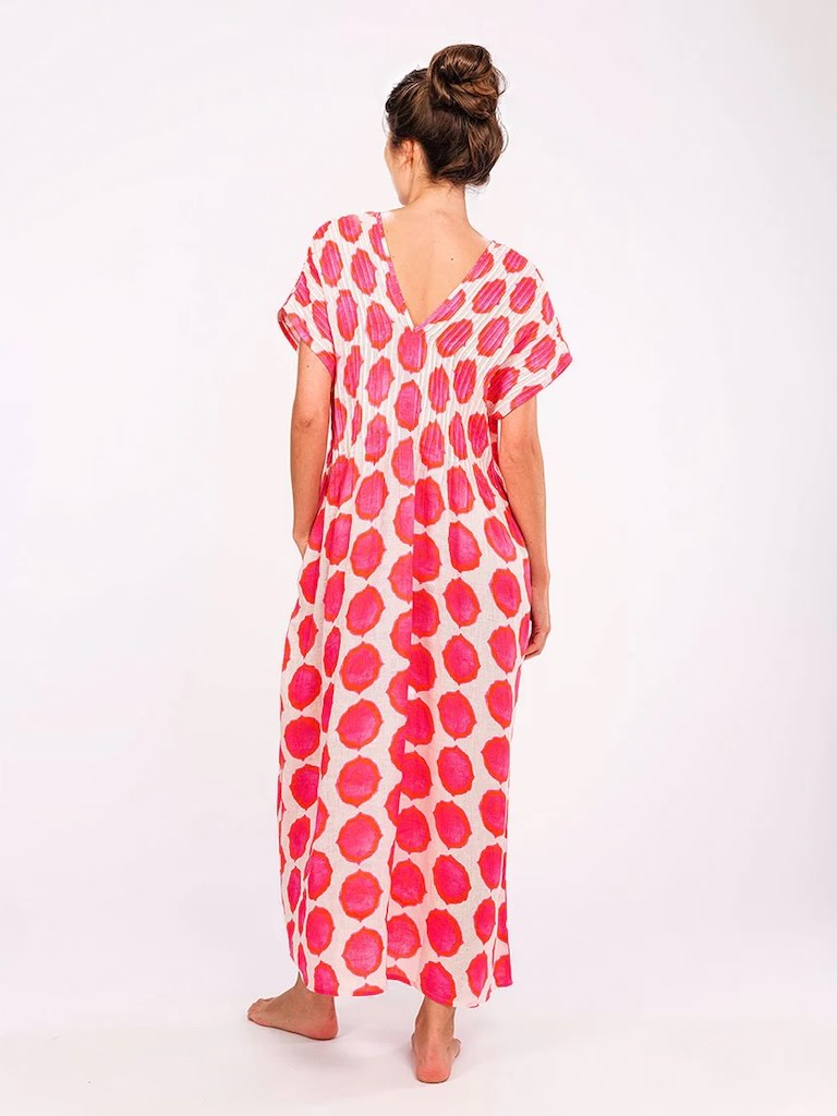 Sea Cale Kleid ikat Pink 5 - Nimo with Love, Leinen, plissiertes Oberteil, V-Ausschnitt