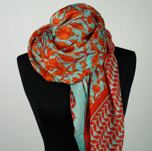 Ahmaddy Seidenschal türkis orange, Ranken, floral leicht und elegant drapiert