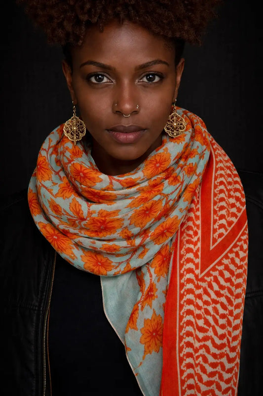 Ahmaddy Seidenschal Ranken türkis orange floral, Boho Print drapiert