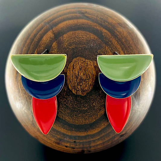 TriColor r - Emaille Ohrringe: Moosgrüner, Blauer Halbkreis, Rotes Oval