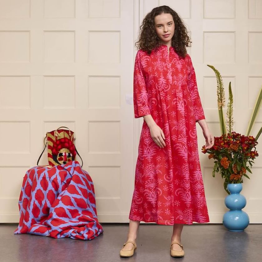 Woodruf Kleid Red Palms - Nimo with Love: Leinen, Ärmel, V-Ausschnitt gerafft