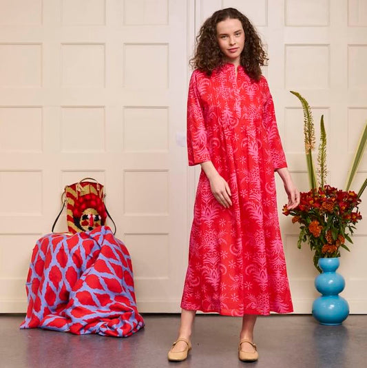 Woodruf Kleid Red Palms - Nimo with Love: Leinen, Ärmel, V-Ausschnitt gerafft