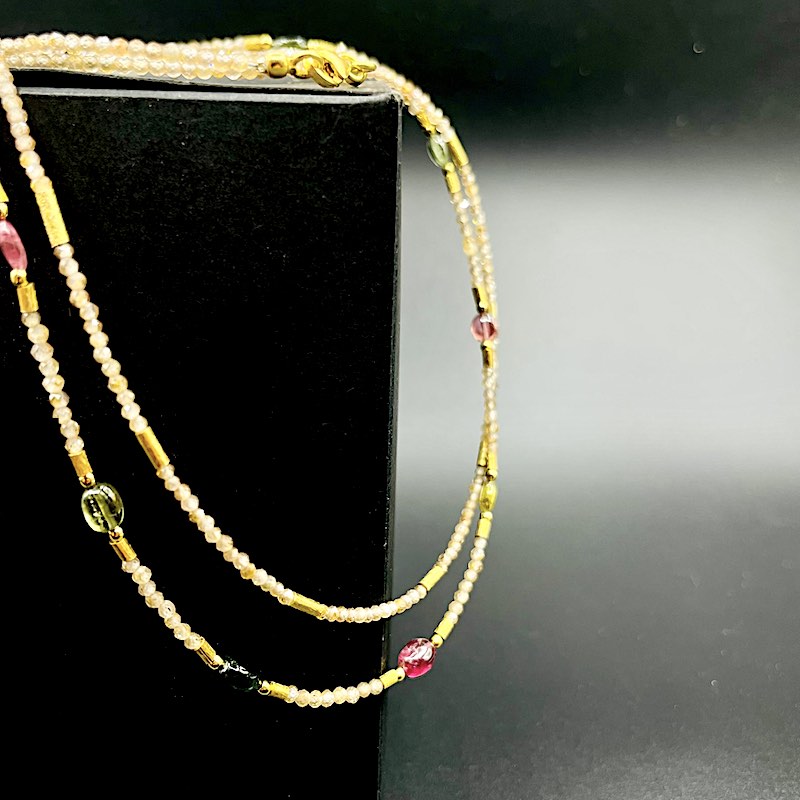 Zirkon Turmalin dd - Halskette: Zirkonperlen, Turmalin, Goldelemente, 43 cm