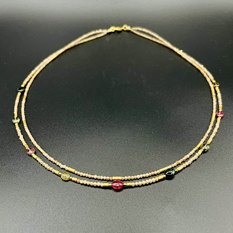 Zirkon Turmalin rf - Halskette: Zirkonperlen, Turmalin, Goldelemente, 43 cm