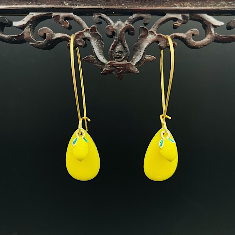 Zitronen Emaille carv - Vergoldete Ohrringe: Ohrhaken Silber vergoldet, Tropfen, Zitrone