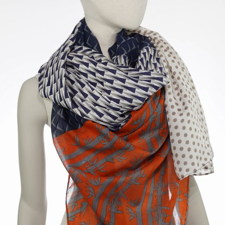 Ahmaddy Schal - 3 Patch Seiden Baumwollschal blau orange weiß, Muster drapiert