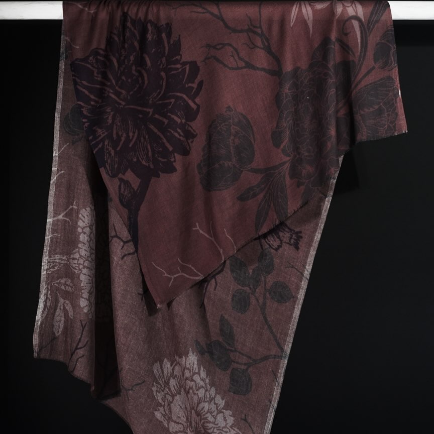Ahmaddy Schal - Bigflower Seiden Wollschal braun schwarz rosa, florales Muster Detail