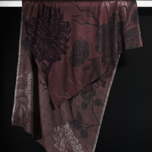 Seiden Wollschal braun schwarz rosa – Ahmaddy BigFlower florales Muster Detail