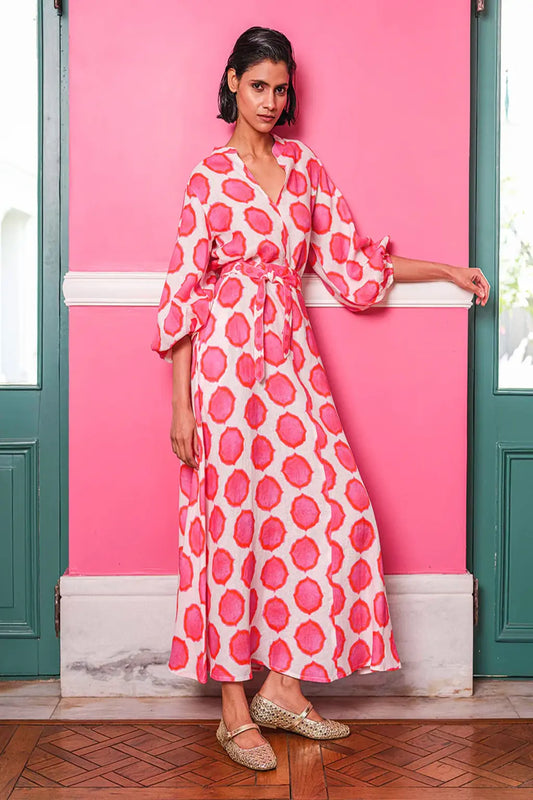 Boho Ikat Kleid pink orange, sommerliches Maxikleid mit lockerer Silhouette