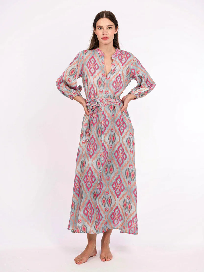 Marigold Kleid Ikat Sorbet Muster lockerer Schnitt, Gürtel, Nimo with Love