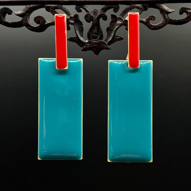 Blaueck - Emaille Ohrringe: 2 Rechtecke, blau und rot emailliert