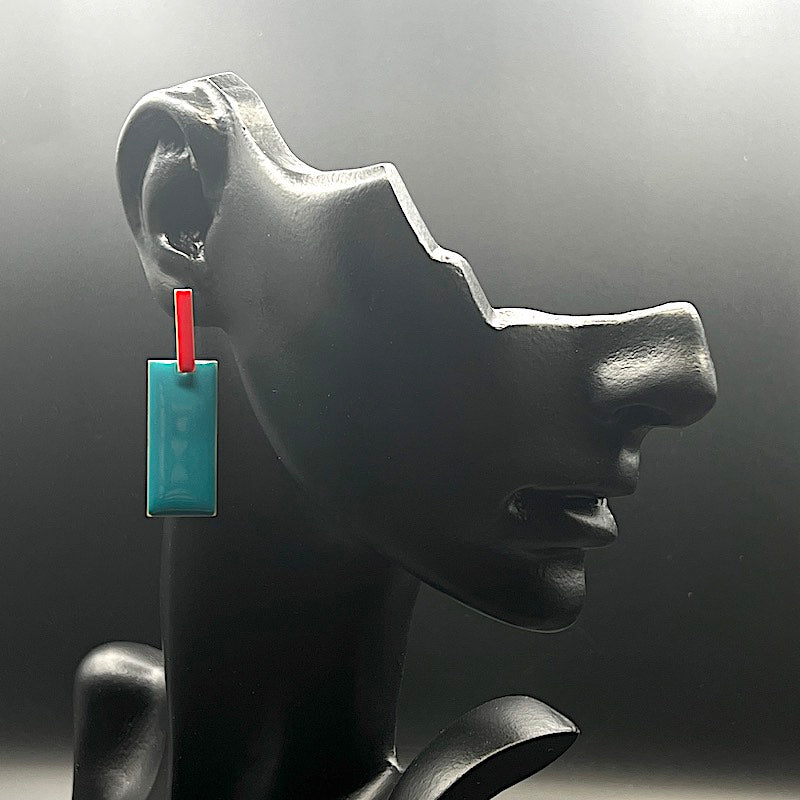 Blaueck o - Emaille Ohrringe: 2 Rechtecke, blau und rot emailliert