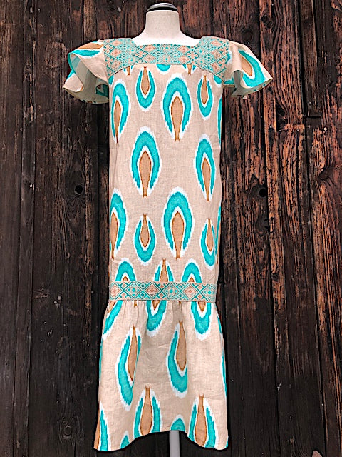 Kleid nto Nimo: Leinen, Karree, Bordüre, Rüschen