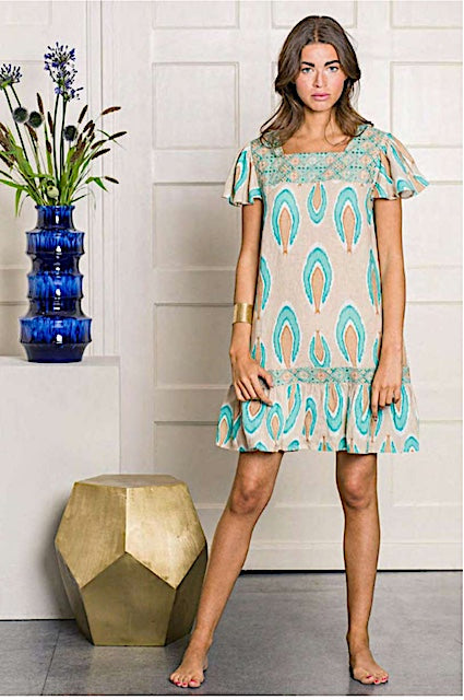 Kleid nu1 Nimo: Leinen, Karree, Bordüre, Rüschen, Falten