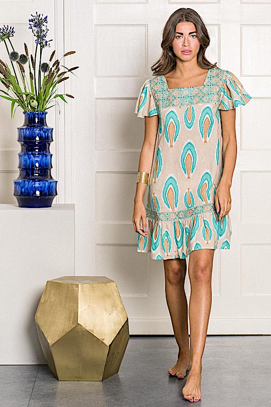 Kleid nu2 Nimo: Leinen, Karree, Bordüre, Rüschen, Falten