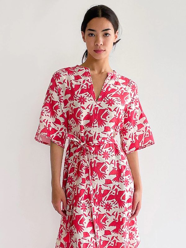 Oleander Kleid Red Bird d - Nimo with Love: knielang, Leinen, Halbarm, Gürtel, Taschen