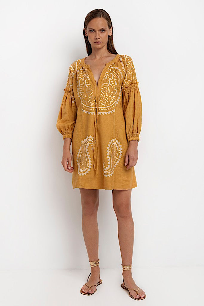 Paisley Kleid Mustard - Kori: Leinen, Stickereien, 3/4 Arm, Kordelzug