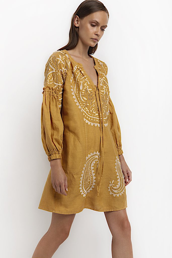 Paisley Kleid Mustard 2 - Kori: Leinen, Stickereien, 3/4 Arm, Kordelzug