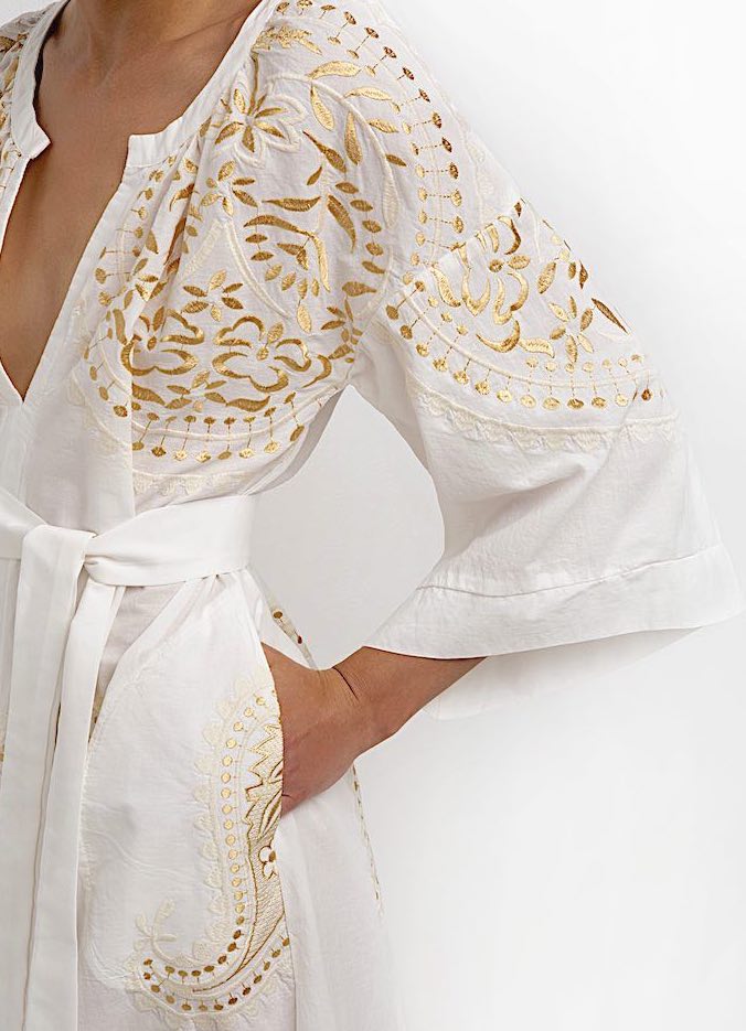 Paisley Kleid lang d - Kori: Leinen, Rund-, V-Ausschnitt, Gürtel, Taschen, Goldstickerei 