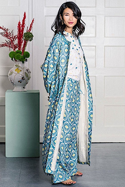 Peony Hose Blau: Leinenhose, Bund, blau-gelb